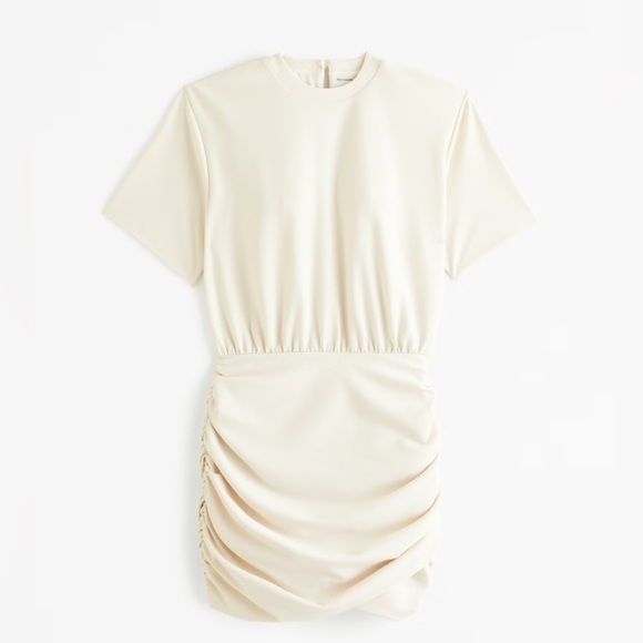 Abercrombie & Fitch Ruched Knit Short Sleeve Mini Dress in Cream - Picture 2 of 10